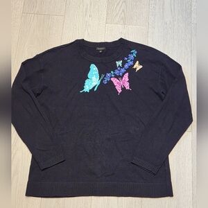 Talbots Navy Crewneck Sweater with Colorful Butterfly Embroidery